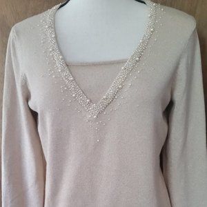 Sweater V-neck Light brown with gold glitter and Pearl Accents Size M